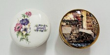 STAFFORDSHIRE FINE BONE TABBY CAT  & BONE CHINA JANUARY TRINKET / PILL BOXES