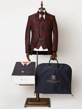 Aristocracy London Angel Red 3 Piece Nehru Suit For Wedding or Groom with Cravat