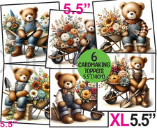 6 XL Card Toppers 5.5" MALE Gardening Teddy Bears Birthday CRAFTS/TAGS/JOURNAL