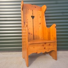 Vintage Solid Pine Lambing Chair Small Settle Heart Motif Low Seated Arm Chair