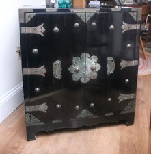 Antique Oriental Black Lacquer and Brass Sideboard/Cabinet