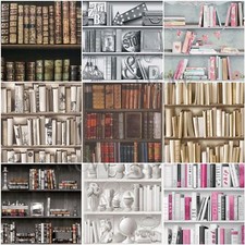 BOOKCASE WALLPAPER ANTIQUE LIBRARY ENCYCLOPEDIA GOLD SILVER BLACK PINK GREY