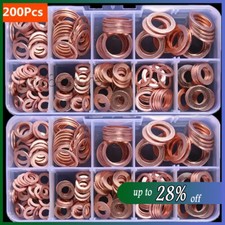 200PCS Assorted Crush Copper Gasket Seal Ring Hardware Set Metal Flat Washer Kit