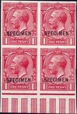 KGV ROYAL CYPHER 1d SPECIMEN TYPE 26 IMPERFORATE SGN16U NHM BLOCK OF FOUR