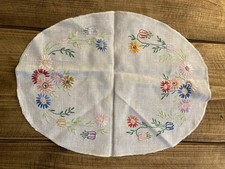Vintage Oval Linen Tray Cloth Table Centre Hand Embroidered Floral