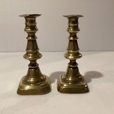 2 Antique Brass Candlesticks with Ejector Push Rods Victorian Square Base 15.5cm