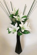 Artificial Silk Flower Arrangement Ivory  Lilly Flowers with foliage in Vase.