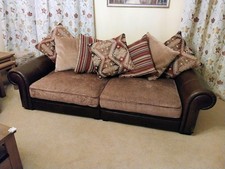 Large 3/4 seater sofa and armchair - brown faux leather and fabric - cushions