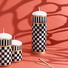 G Decor Monochrome Check Luxe Pillar Candle Black & White with Gold Accent