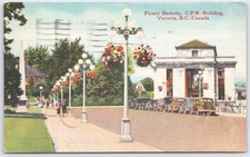 Vintage Flower Baskets, C.P.R. Building Victoria BC Canada Postcard 1945