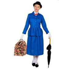 Ladies Blue Magical Nanny Mary Poppins & Hat M 12-14 Fancy Dress Book Day Movie