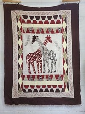 Vintage Mid-century Barkcloth Wall Hanging Brown Giraffe Tribal Aztec 