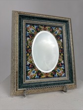 VINTAGE HANDMADE SPANISH CEARCO CERAMIC, ENAMELLED AND WOOD-FRAMED FLORAL MIRROR