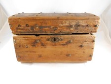Antique Dome Topped Doll Trunk Wooden Rollers Tray & Storage in Top Paper Lined