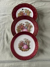 3 Limoges Porcelain Plates Crimson Border, Gold Gilt Fragonard Lovers Design