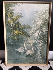 Vintage Vernon Ward Framed Print Swans Floral Lake Hanging Picture Springtime