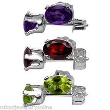 6x4mm OVAL GENUINE AMETHYST / GARNET / PERIDOT 925 STERLING SILVER STUD EARRINGS