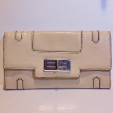 Karen Millen Beige Leather Clutch Bag – Structured Design – Silver Closure