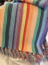 Handmade Crocheted  Afghan Blanket Throw Rainbow Colors Tassels 57x45” Label Vtg