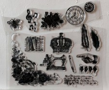 Clear Stamp Set - Background Stamps - Script, Books, Crown, Sewing Machine, Pen