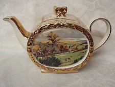 Vintage Sadler Barrel Shaped Teapot English Hunting Horse & Hounds Scene