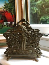 Antique Letter Rack Holder - Solid Brass - Art Nouveau Lady Nymph Woman 