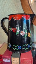 Craft Barge Ware Folk-Art Hand Painted Enamel Jug Black Floral