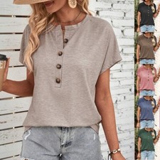 Ladies Summer Crew Neck Casual Tops Tee Shirts Loose Short Sleeve Buttons Blouse