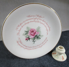 Lovely Vintage Jersey Pottery Candle Holder & Large Mother Poem Pink Rose Plate