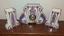French Mantle Clock  Garniture Vases Art Deco St Amand Vintage Antique