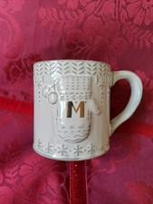 Anthropologie Monogram Christmas Coffee Tea Mug Gray/White Mitten “M”