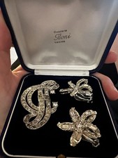 Vintage Silver Brooch and Clip-On Earrings Set with Crystals – Made in Italy