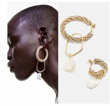 Zara Gold Ornate Pearl HOOP Crystal Drop Statement Pair Earrings