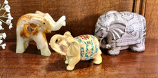 3 ELEPHANT ORNAMENT/STATUES - "LUCKY" Carved/Painted RESIN-ALABASTER-POTTERY