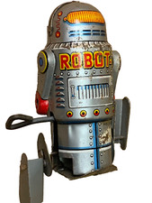 clockwork wind up robot-7 made in japan silver  vintage childs toy WATCH VIDEO!
