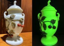Huge Antique Opaque Uranium/Vaseline Glass Lidded Urn With Applied Fruit c1880