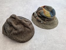 Vtg Hanna Hats Mens Wool Bucket Irish Tweed Patchwork Donegal 2x Set Flat Cap