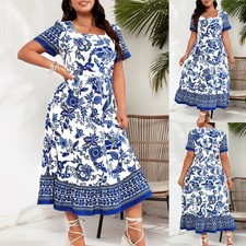Plus Size Women Floral Midi Dress Ladies Summer Short Sleeve Holiday Beach Dress