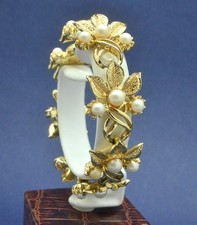 Vintage Bracelet 1950s Elegant Faux Pearl Leaves Goldtone Bridal Jewellery