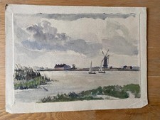 NORFOLK BROADS WINDMILL & SAILING BOATS WATERCOLOUR on PAPER