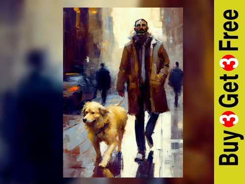 Man and dog walk print - and,