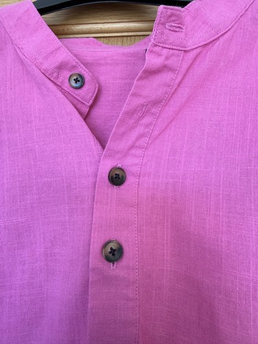 Men pink linen shirt henley - linen,