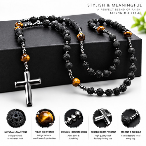 Rose mary beads cross necklace - rose,
