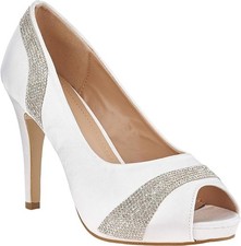 TINSEL WOMEN IVORY BRIDAL WEDDING COURT SHOES EMBELLISHED KITTEN HEEL UK 3-8