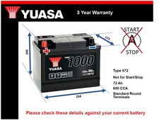 Battery fits MG MGB GT, N3 1.8 3.5 62 to 80 Yuasa 072 600A 72Ah 3Yr Warranty New