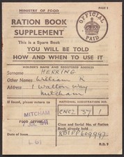 WW2 RATION BOOK SUPPLEMENT for William Herring of Mitcham