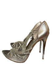 SPARKLY DUNE 5'' STILETTO HIGH HEEL SANDAL  SILVER LEATHER DIAMANTE UK 7 EU 40