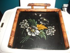Chinese Lacquered & Bambooo Tray 24 x 27 x 2.5cm with Handle Flower Pattern