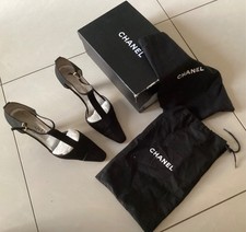 Chanel black satin silk T bar