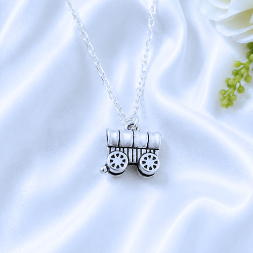 Silver covered wagon necklace - wagon,